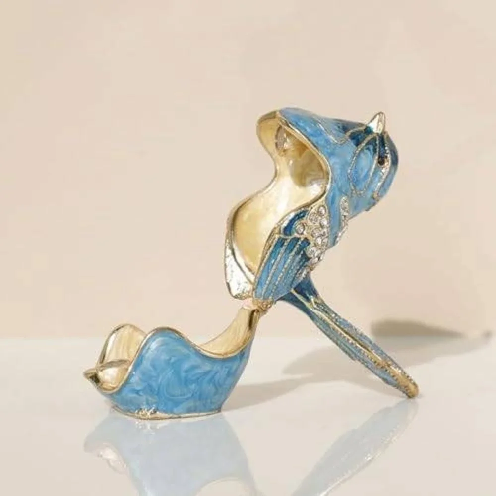 Blue Enameled Bird Trinket Box Rhinestone Hinged Jewelry Pill Box Collectible‎